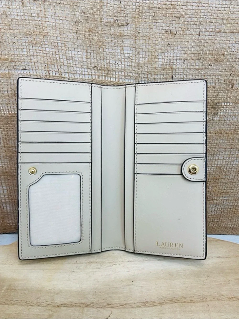 Ralph Lauren Cream Saffiano Leather Fold-Over Clutch with Gold RL Logo